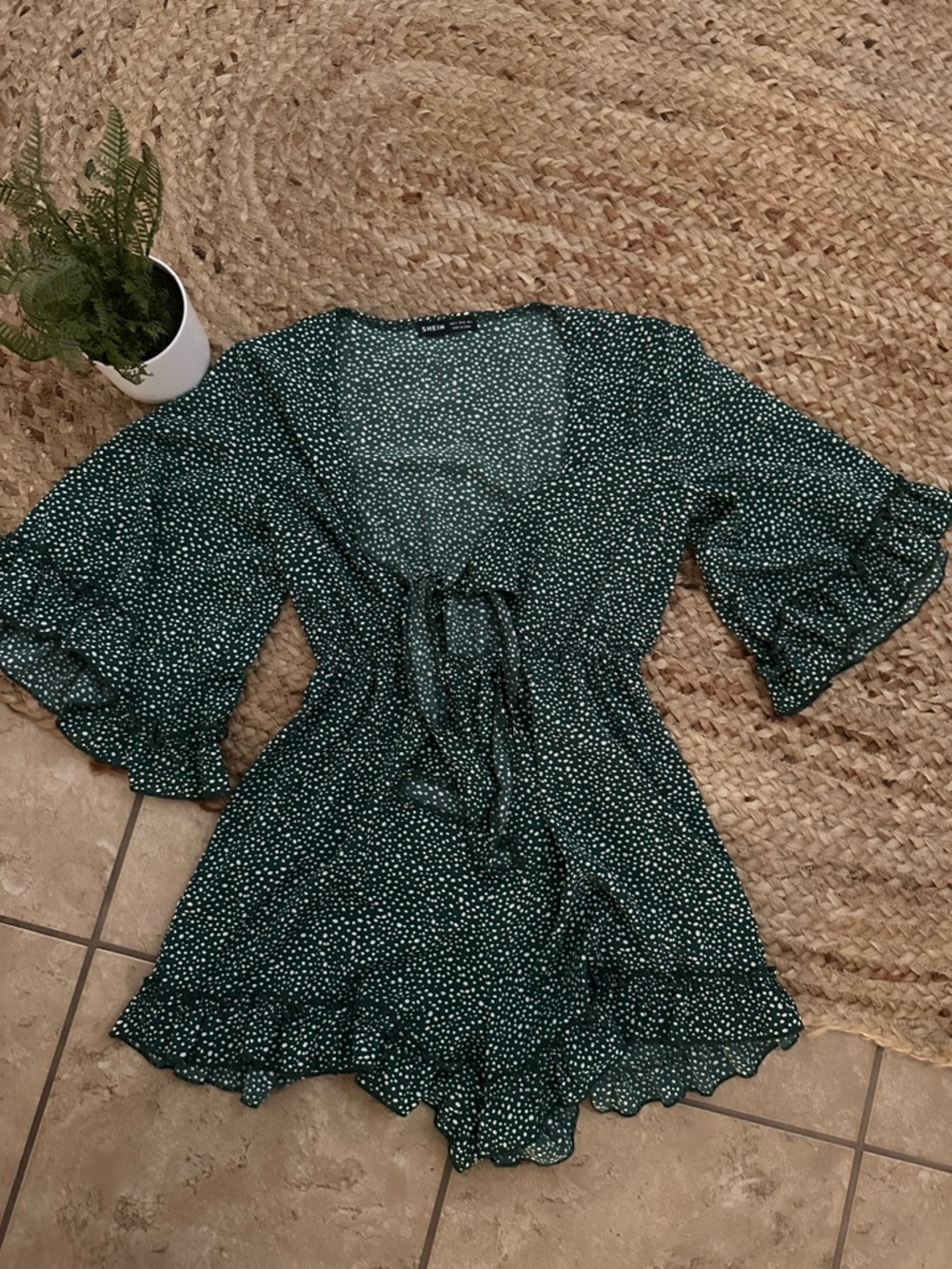 SHEIN Dark Green Polka Dot Tie-Front Ruffle Romper
